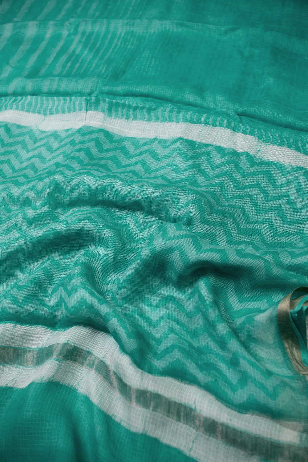 Green Block Printed Kota Silk saree