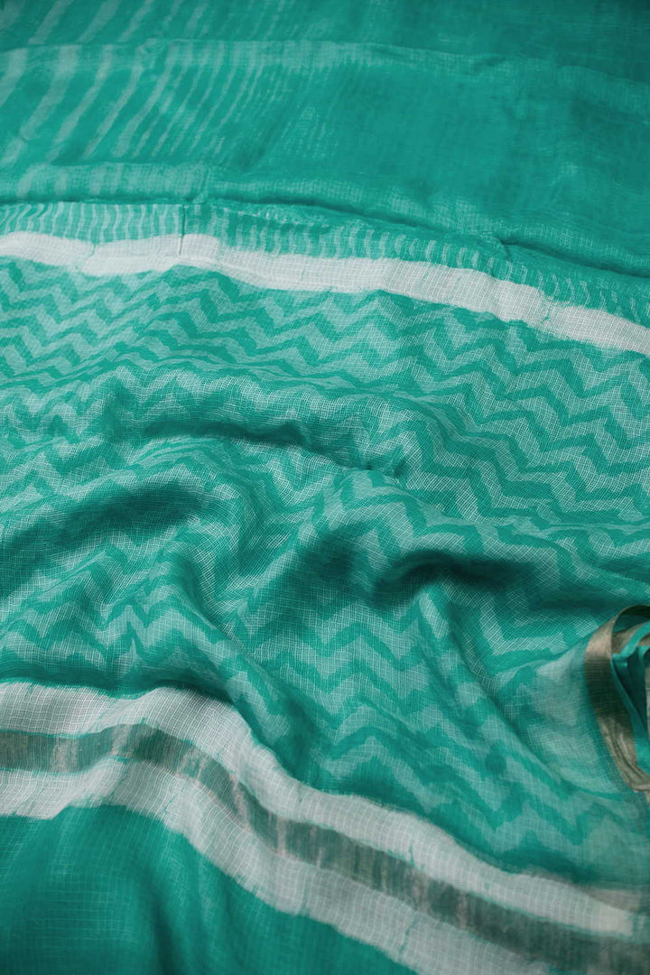 Green Block Printed Kota Silk saree