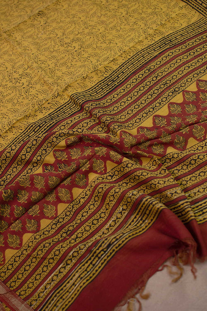 Florals with Yellow Block Printed Chanderi Dupatta
