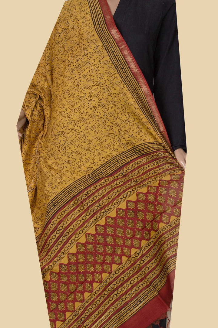 Florals with Yellow Block Printed Chanderi Dupatta
