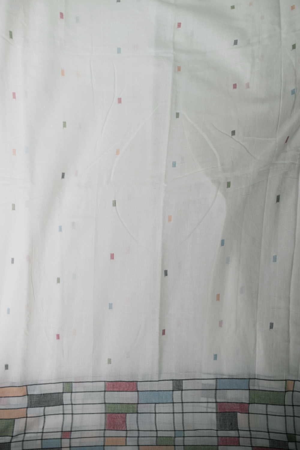 Cream with Border Checks Jamdani Cotton Fabric - 1.4m