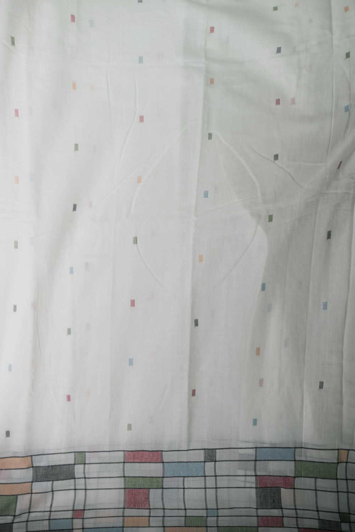 Cream with Border Checks Jamdani Cotton Fabric - 1.4m