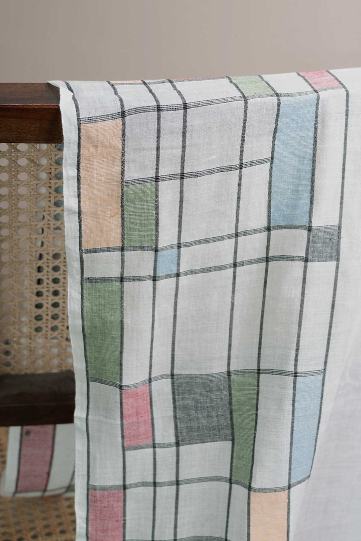 Cream with Border Checks Jamdani Cotton Fabric