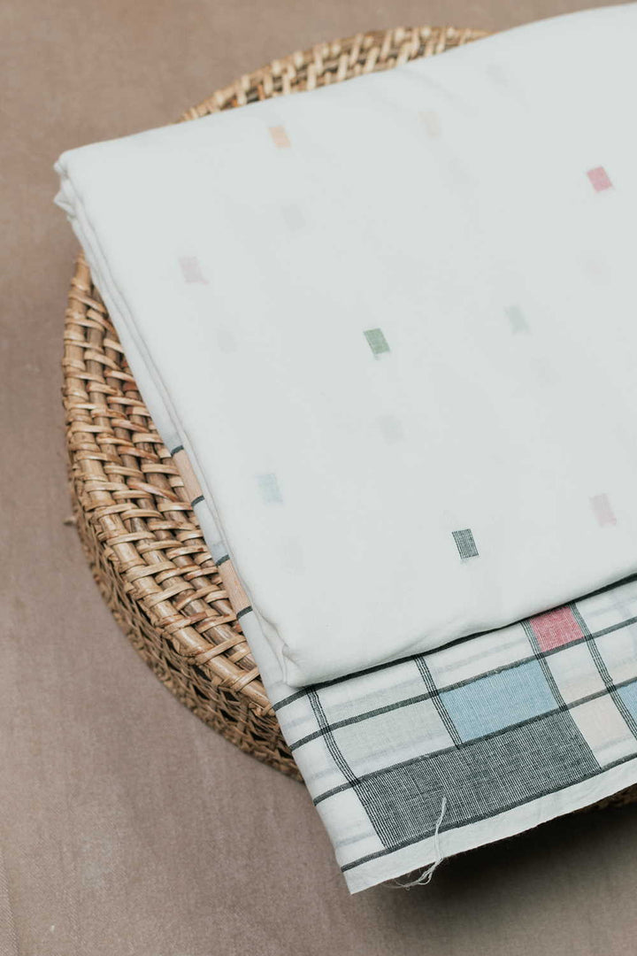 Cream with Border Checks Jamdani Cotton Fabric - 1.4m