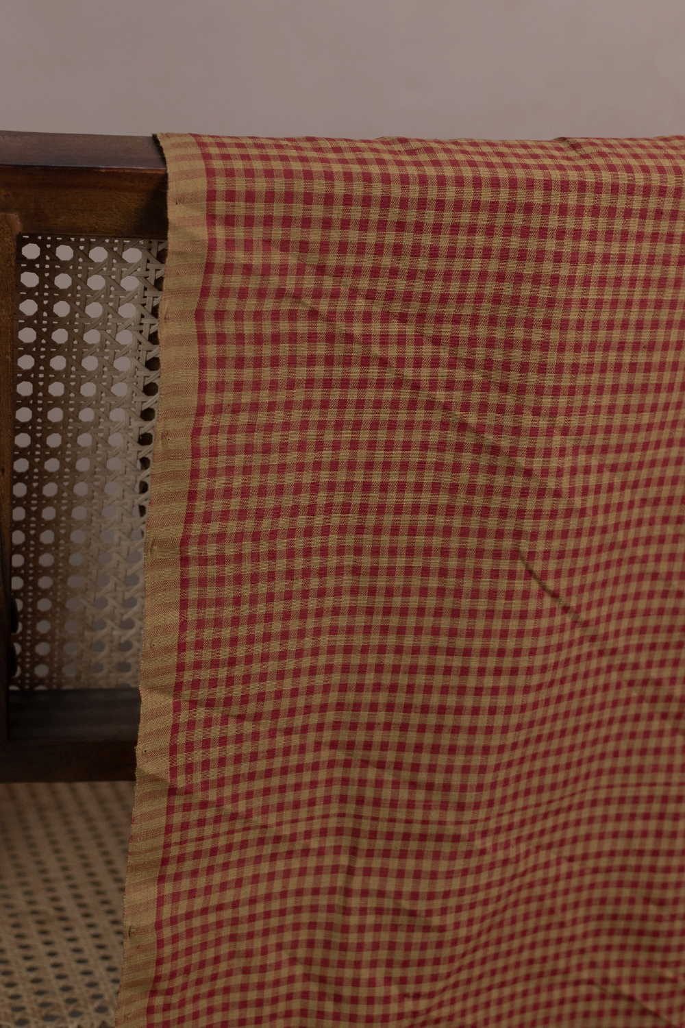 Yellow with Maroon Checkered Handspun Cotton Fabric