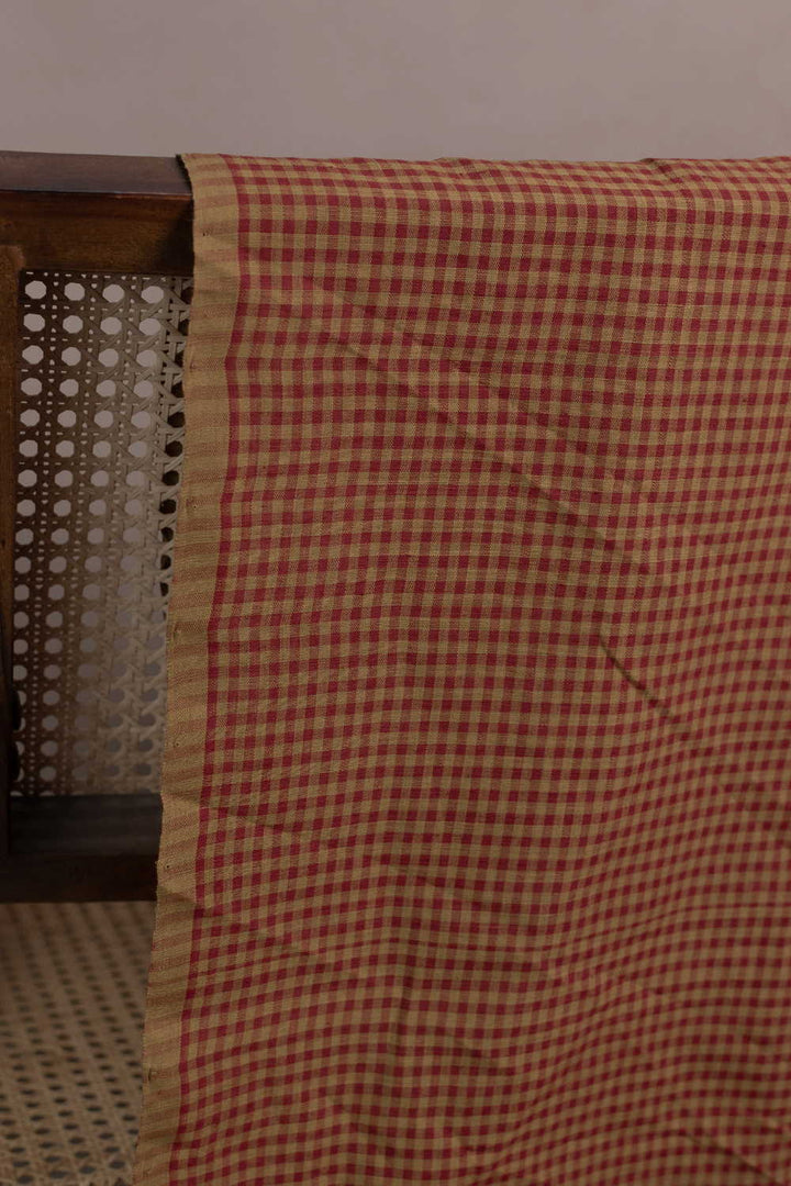 Yellow with Maroon Checkered Handspun Cotton Fabric