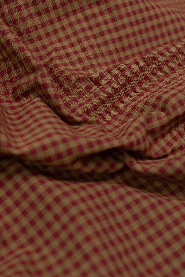 Yellow with Maroon Checkered Handspun Cotton Fabric