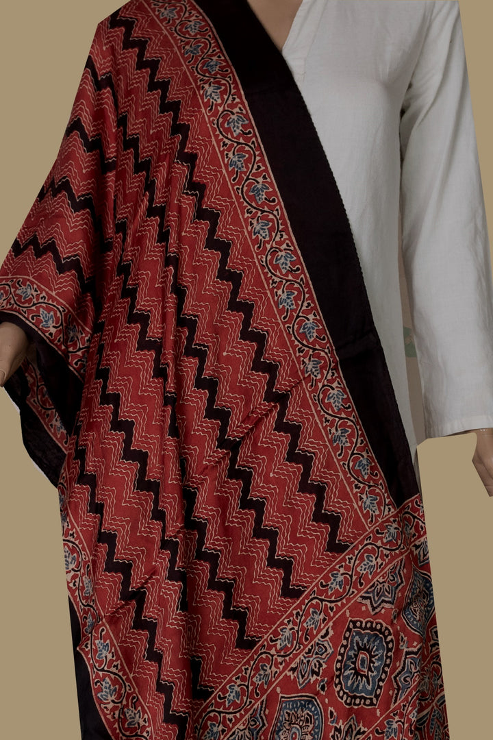 Chevron - Maroon Ajrak Modal Silk Stole