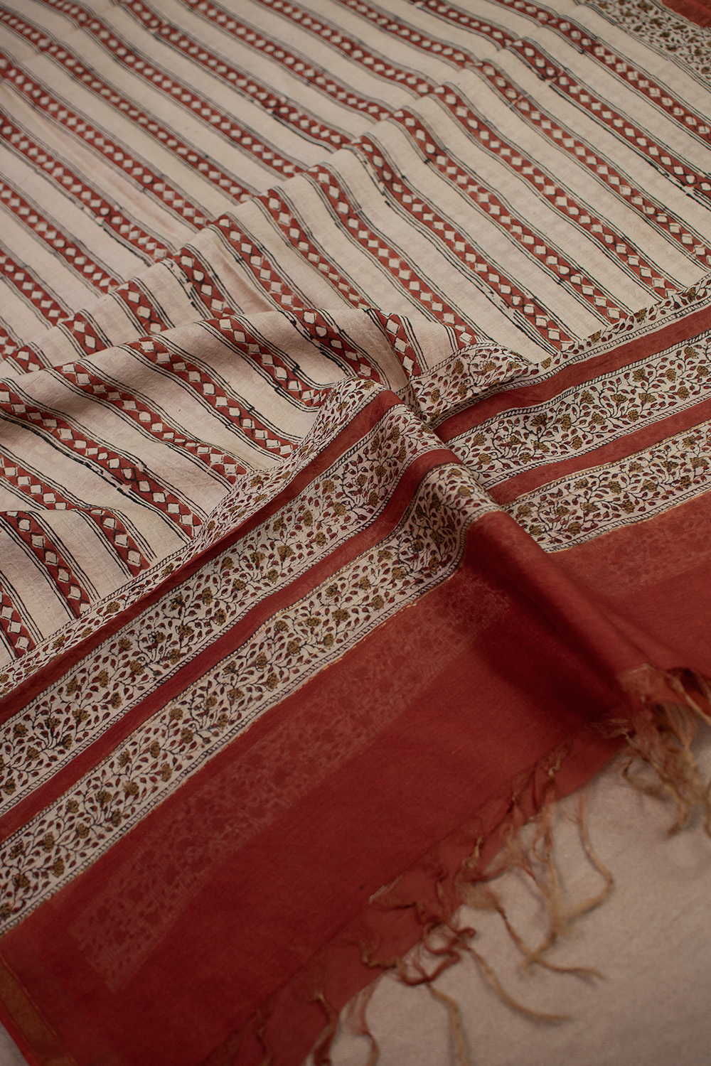 Maroon with Cream Block Printed Chanderi Dupatta