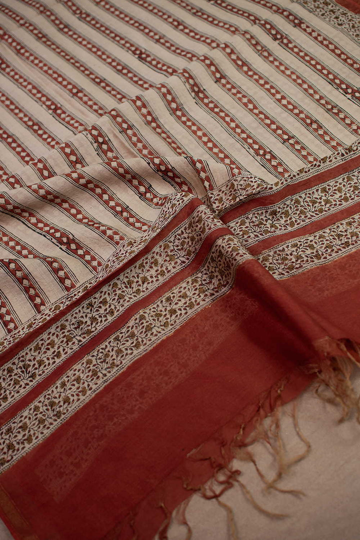 Maroon with Cream Block Printed Chanderi Dupatta