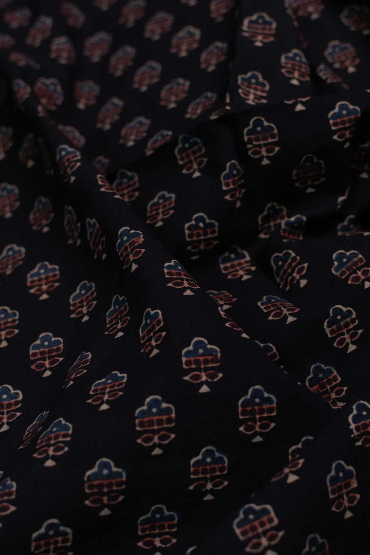 Black with Little Motifs Ajrak Cotton Fabric-0.85m