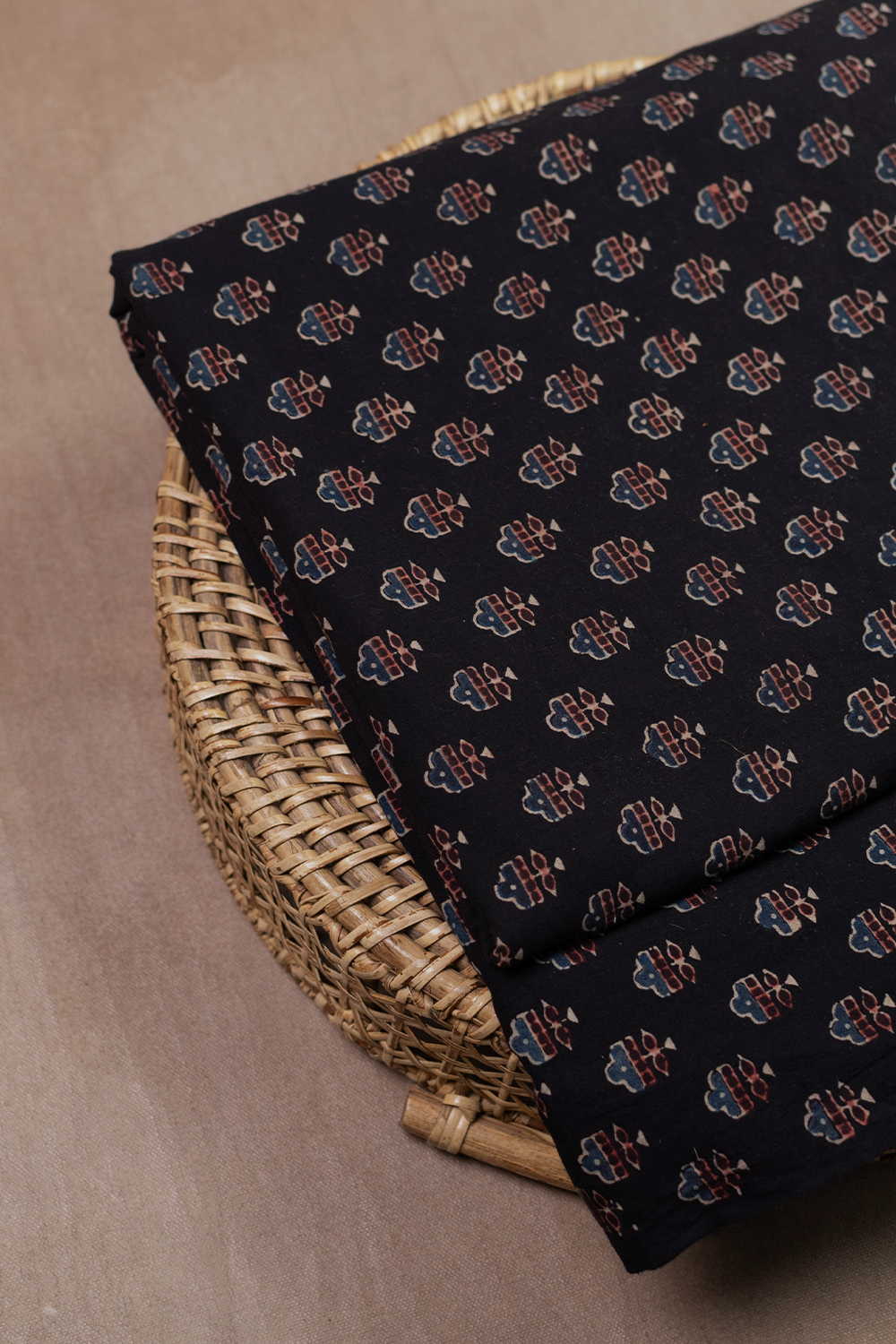 Black with Little Motifs Ajrak Cotton Fabric-0.85m