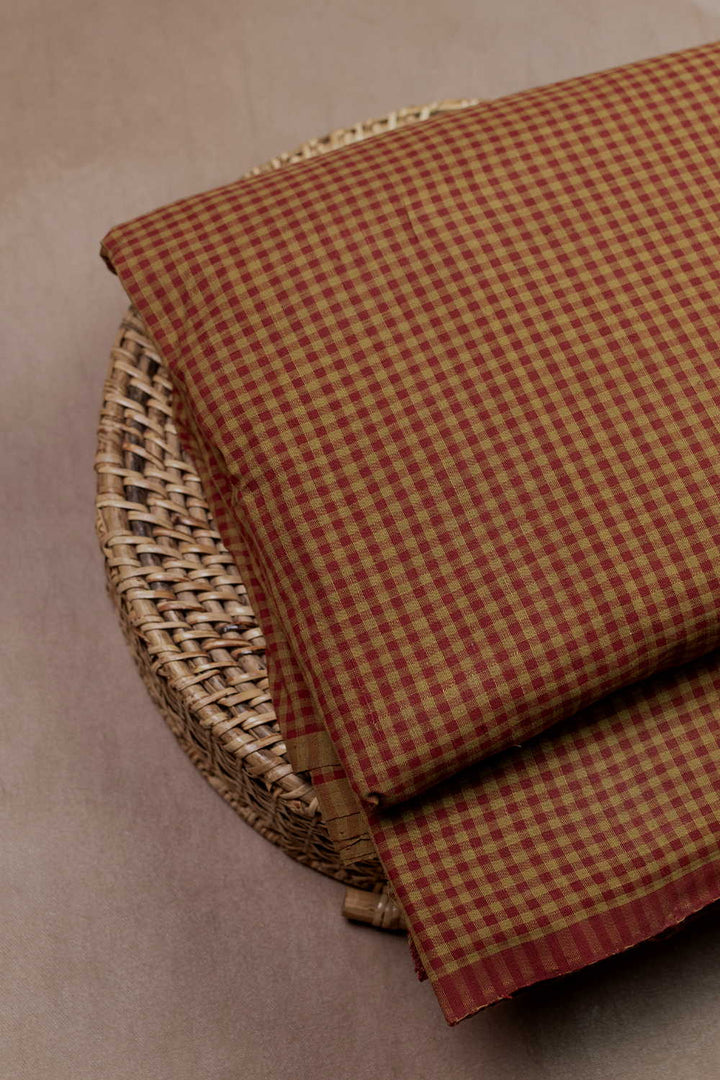 Yellow with Maroon Checkered Handspun Cotton Fabric