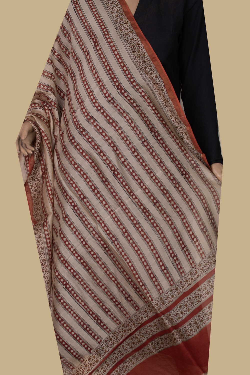 Maroon with Cream Block Printed Chanderi Dupatta