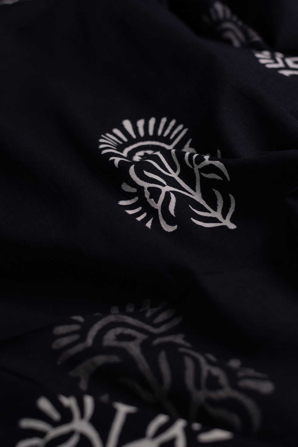 Grey & Cream Butta on Black Bagru Cotton Fabric