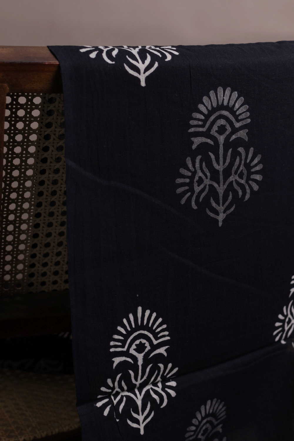Grey & Cream Butta on Black Bagru Cotton Fabric