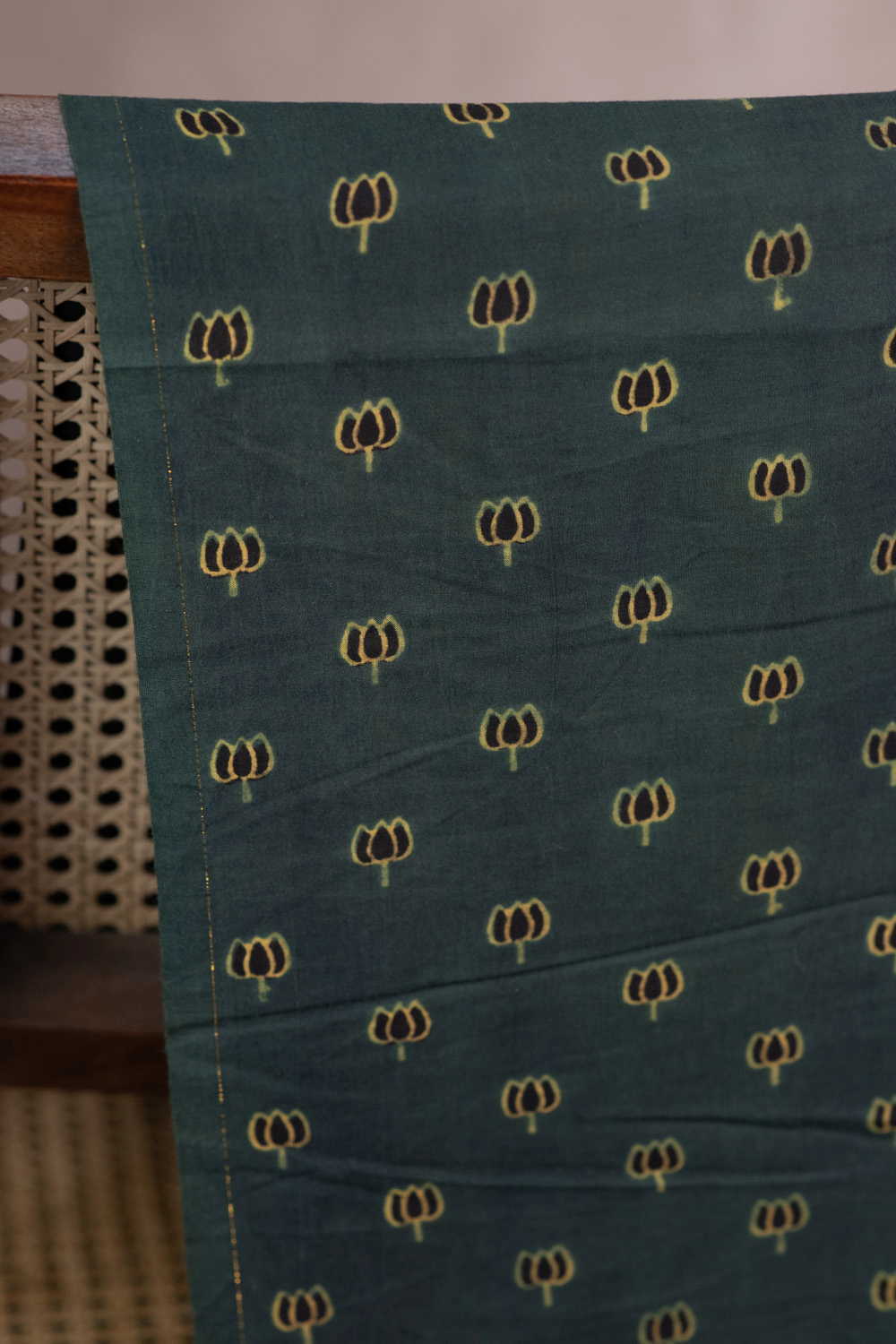 Black Lotus on Green Ajrak Cotton Fabric