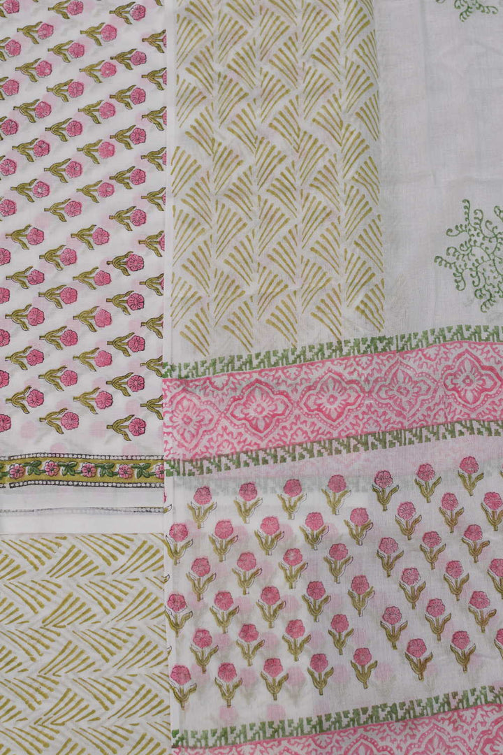 Pink Blossoms on Cream Block Printed Mul Cotton Suit
