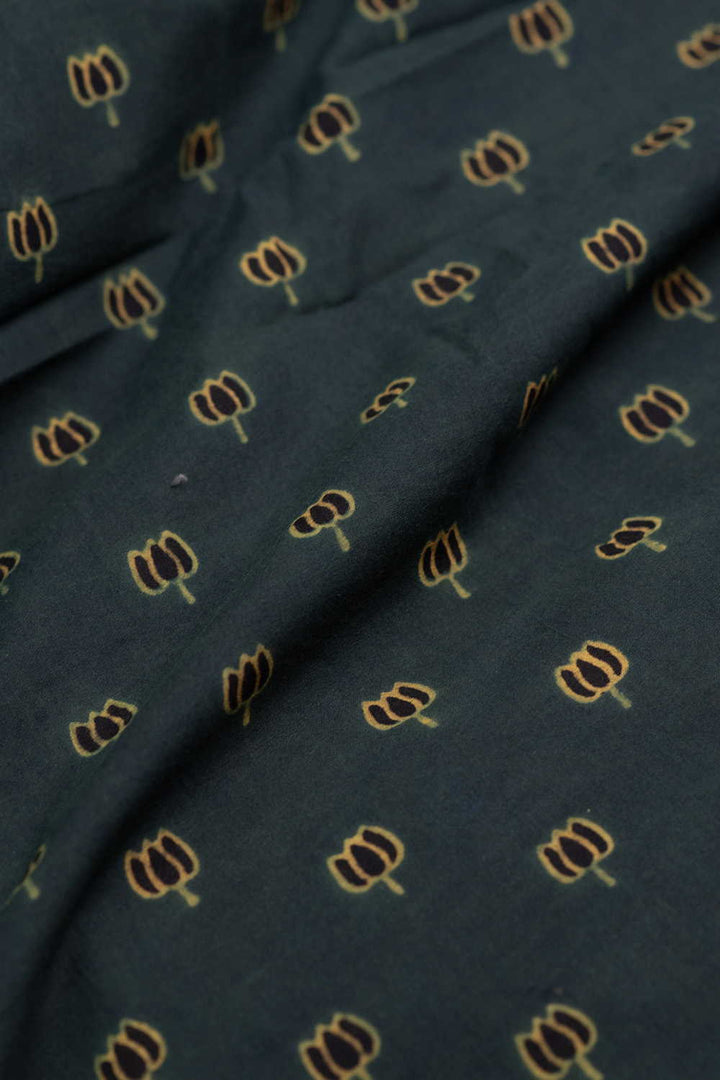 Black Lotus on Green Ajrak Cotton Fabric