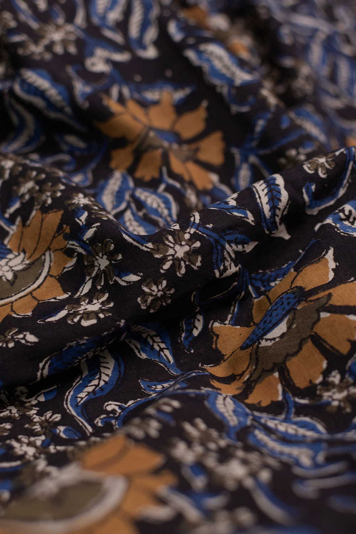 Blossoms on Black Printed kalamkari Cotton Fabric