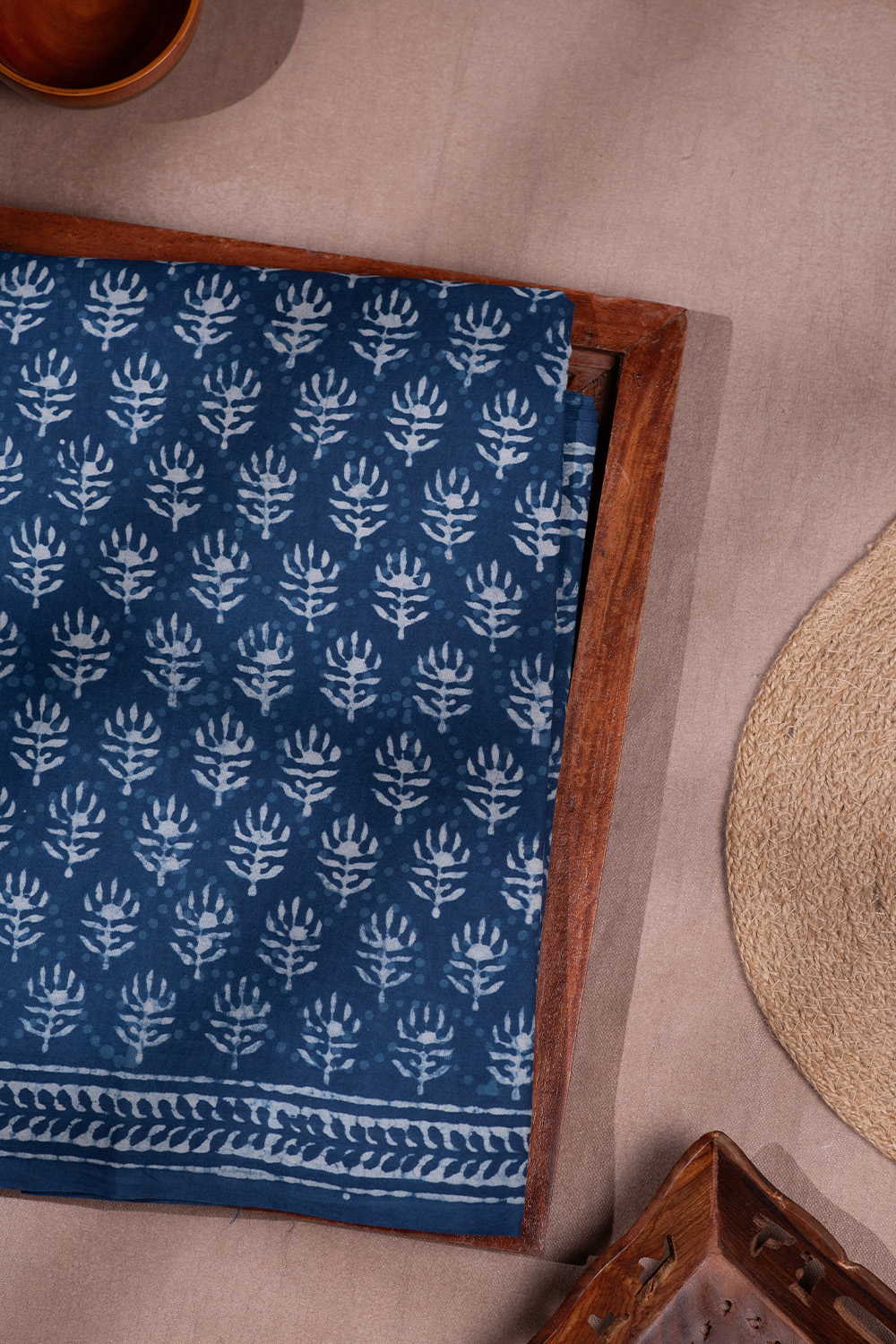 Buttas on Indigo Dabu Mul Cotton saree