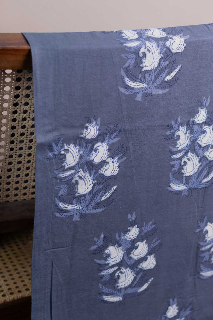 Dusky Petals on Grey Block Printed Cotton Fabric - 0.95m