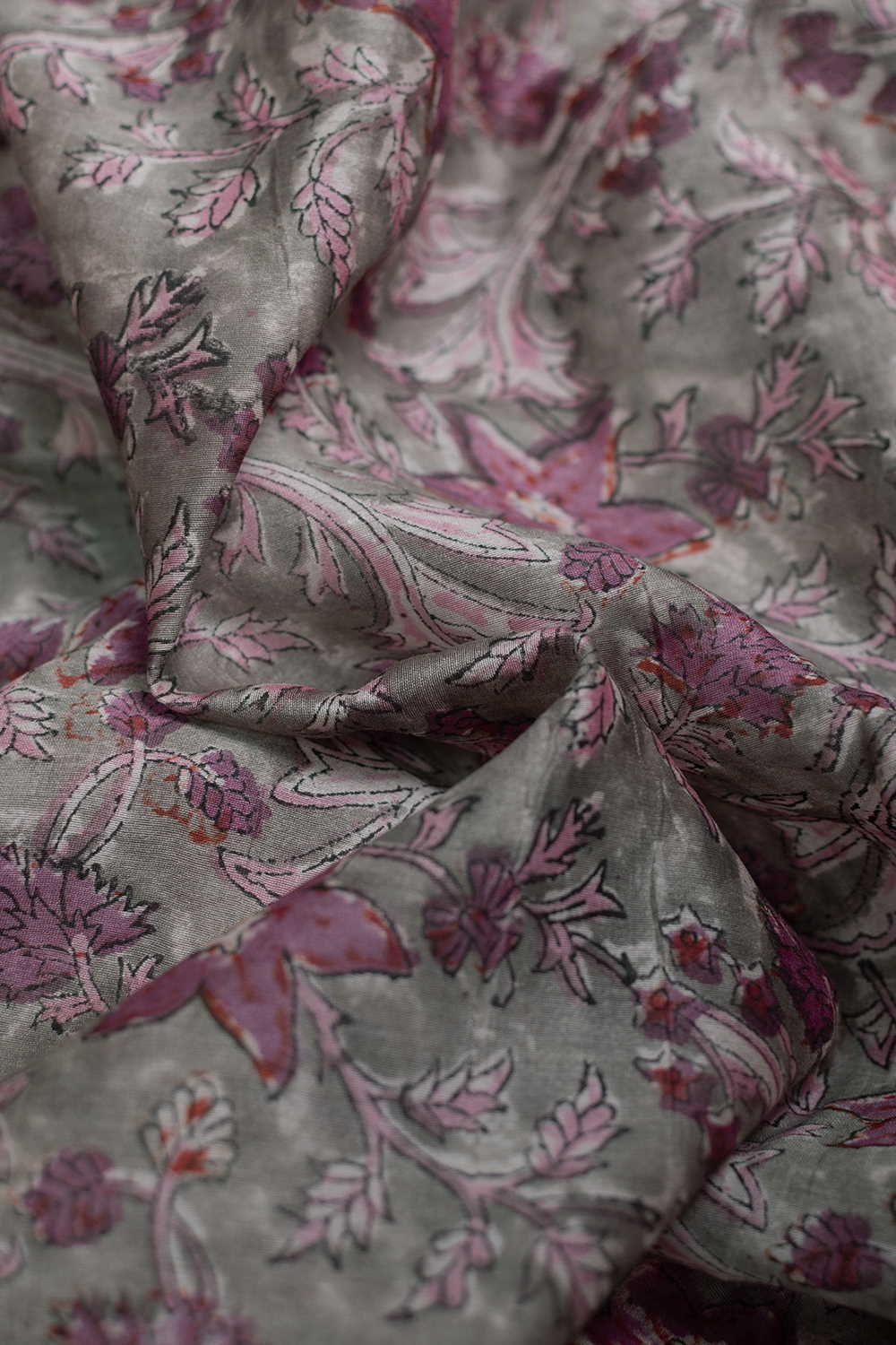 Pink Floral on Green Block Printed Silk Cotton Fabric - 0.5m