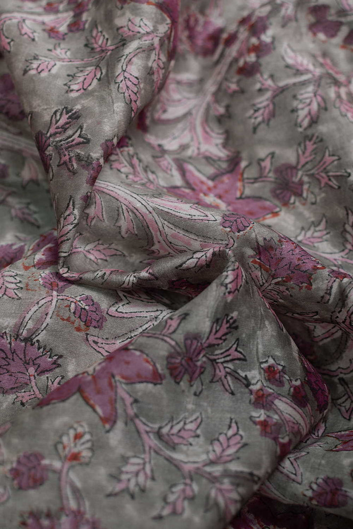 Pink Floral on Green Block Printed Silk Cotton Fabric - 0.5m