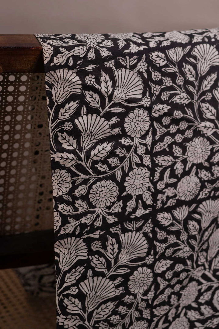 Black Floral Garden Bagru Cotton Fabric