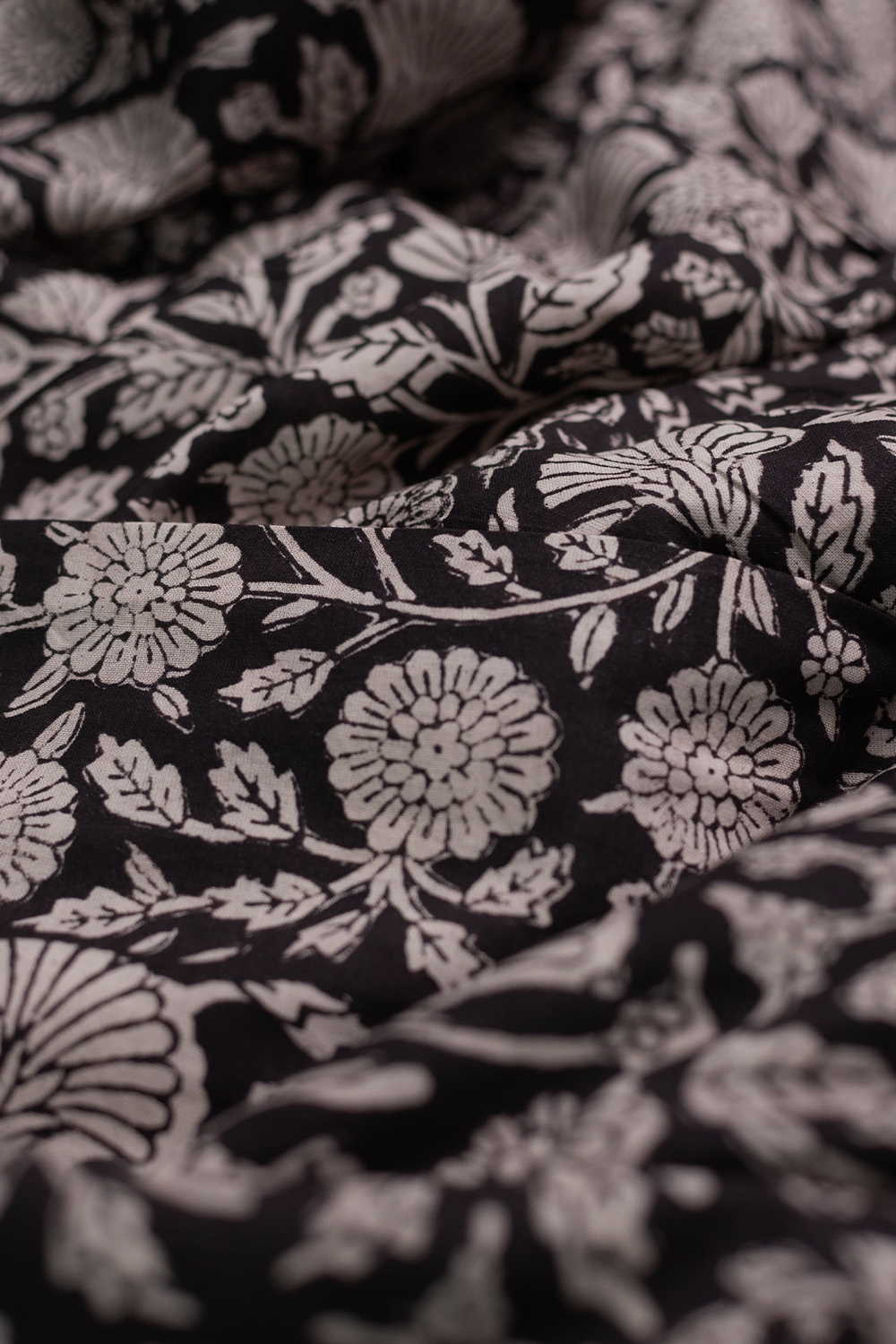 Black Floral Garden Bagru Cotton Fabric