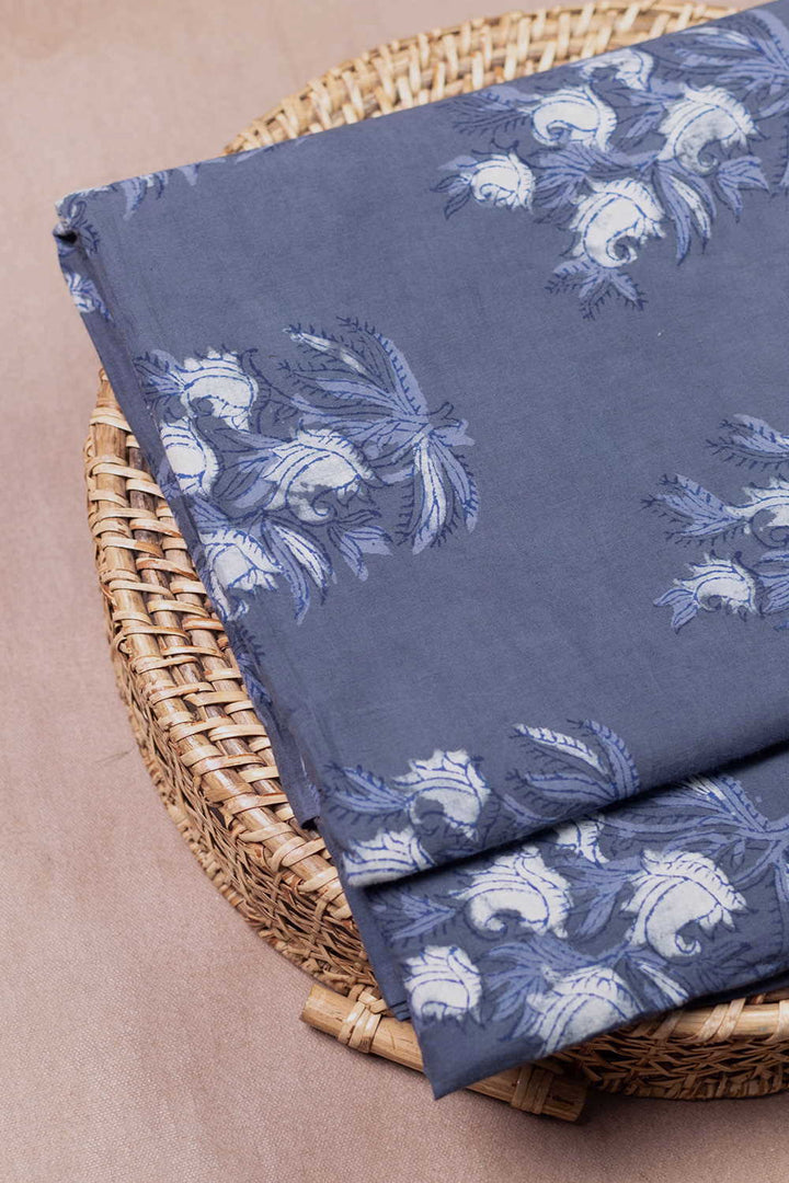 Dusky Petals on Grey Block Printed Cotton Fabric - 0.95m