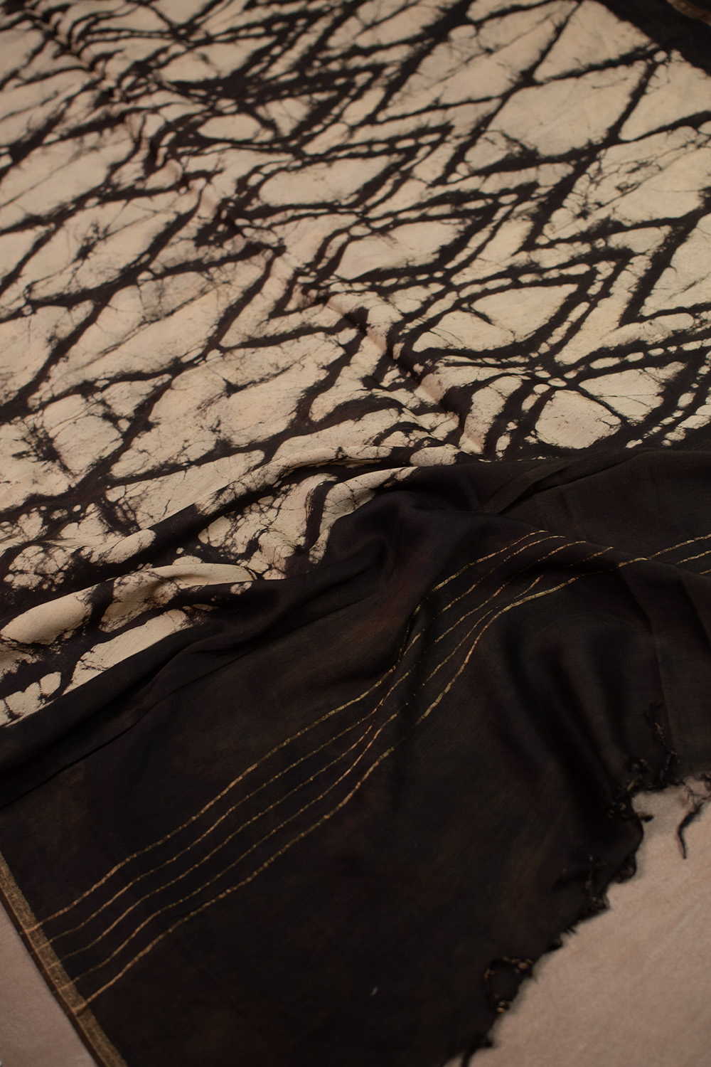 Black with Cream Block Printed Chanderi Dupatta