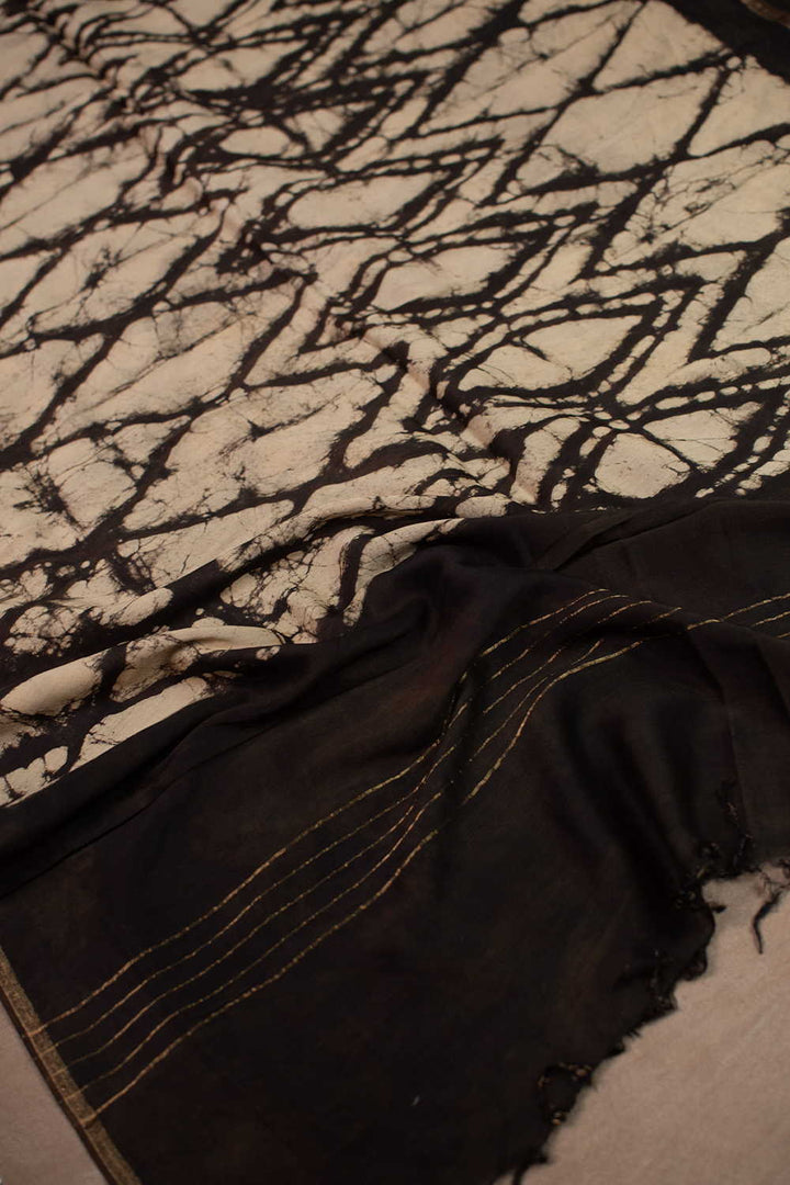 Black with Cream Block Printed Chanderi Dupatta