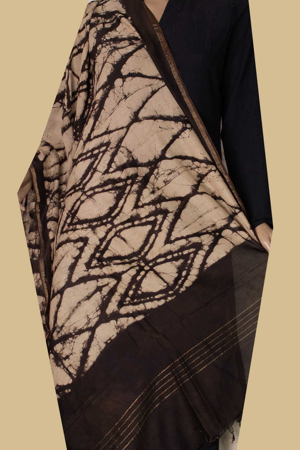 Black with Cream Block Printed Chanderi Dupatta