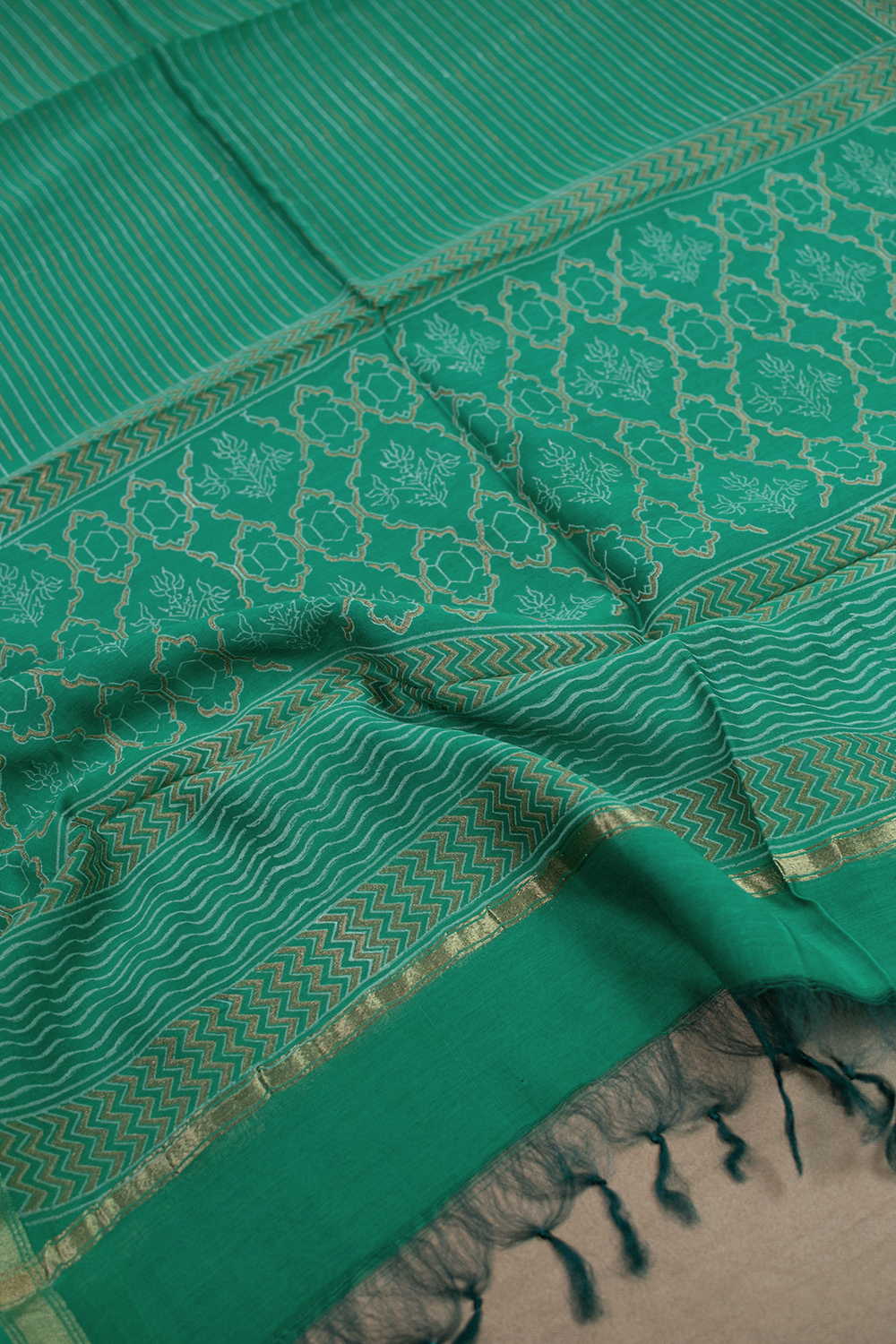Green Block Printed Chanderi Dupatta