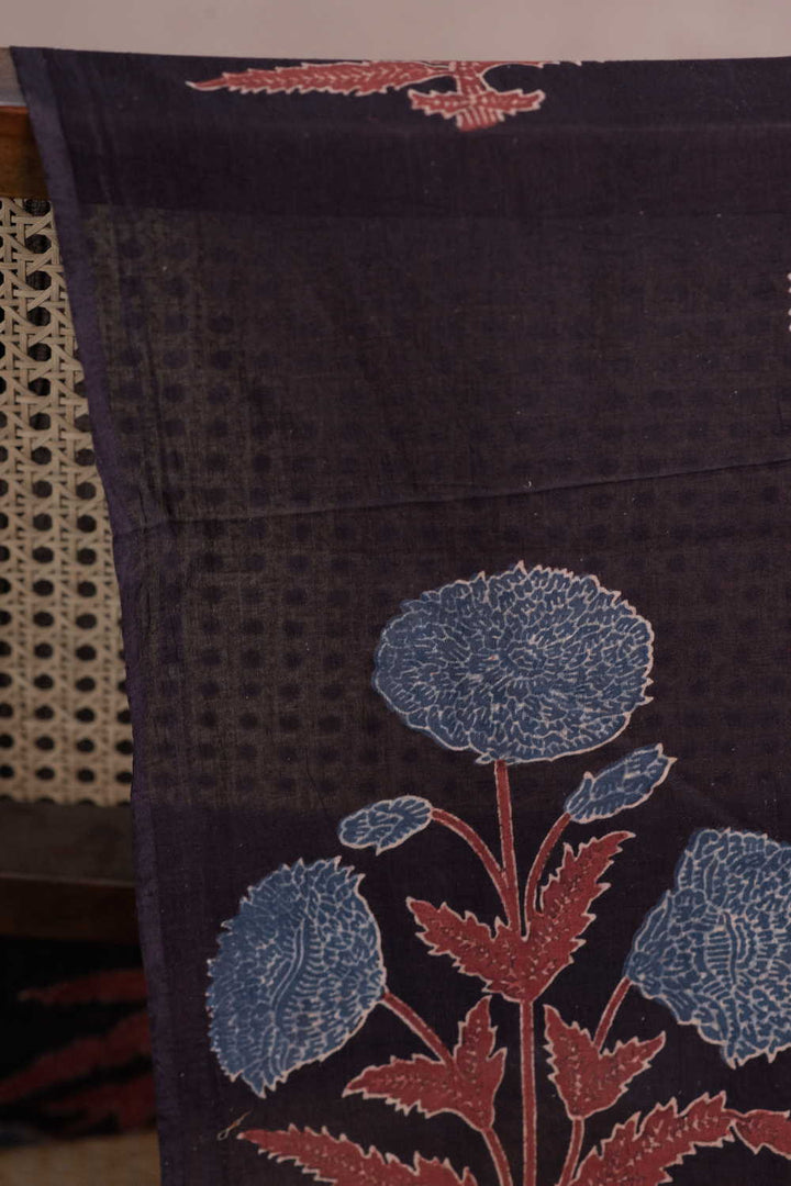 Midnight Bloom - Black Ajrak Mul Cotton Fabric
