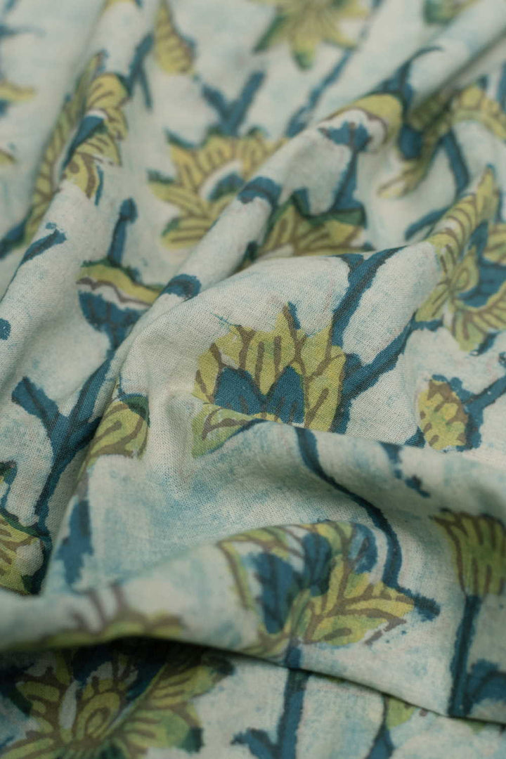 Baby Green with Florals Bagru Cotton Fabric