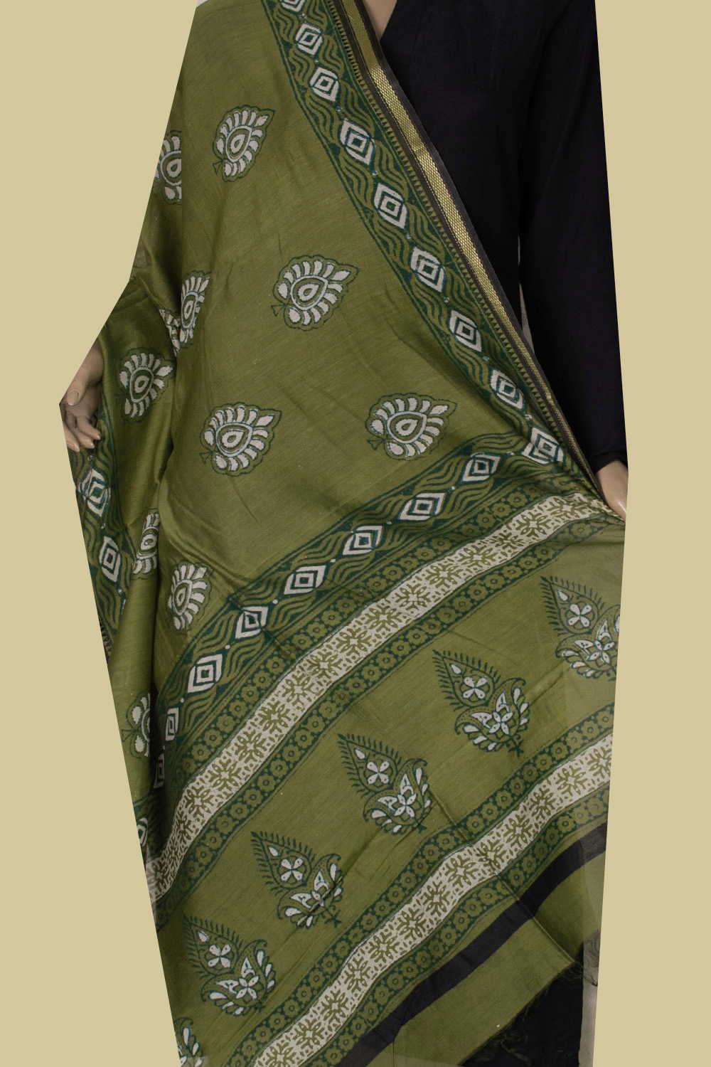 Green Block Printed Chanderi Dupatta