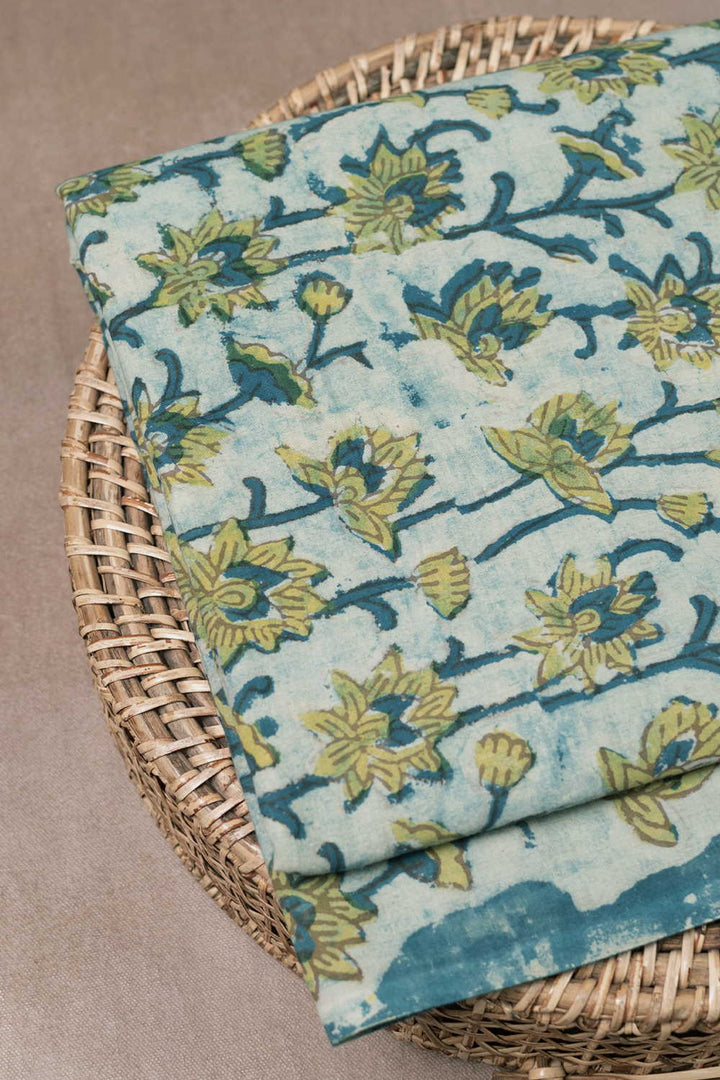 Baby Green with Florals Bagru Cotton Fabric