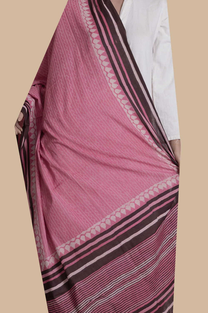 Pink Block Printed Mul Cotton Dupatta