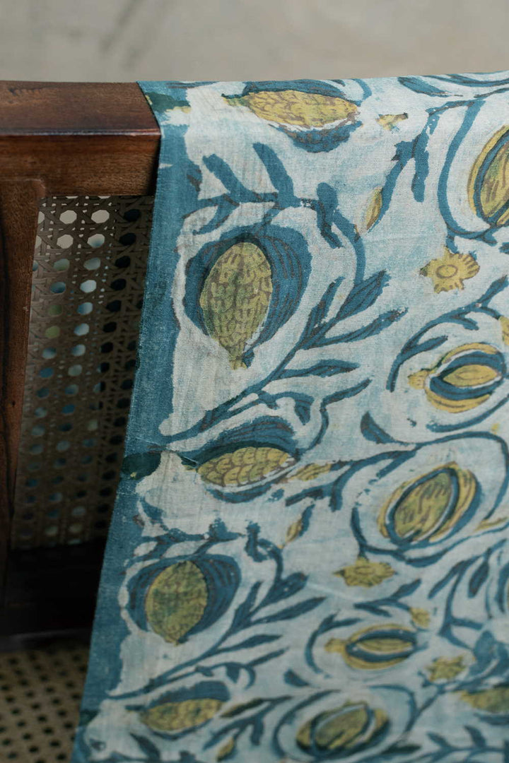 Light Blue with Floral Bagru Cotton Fabric