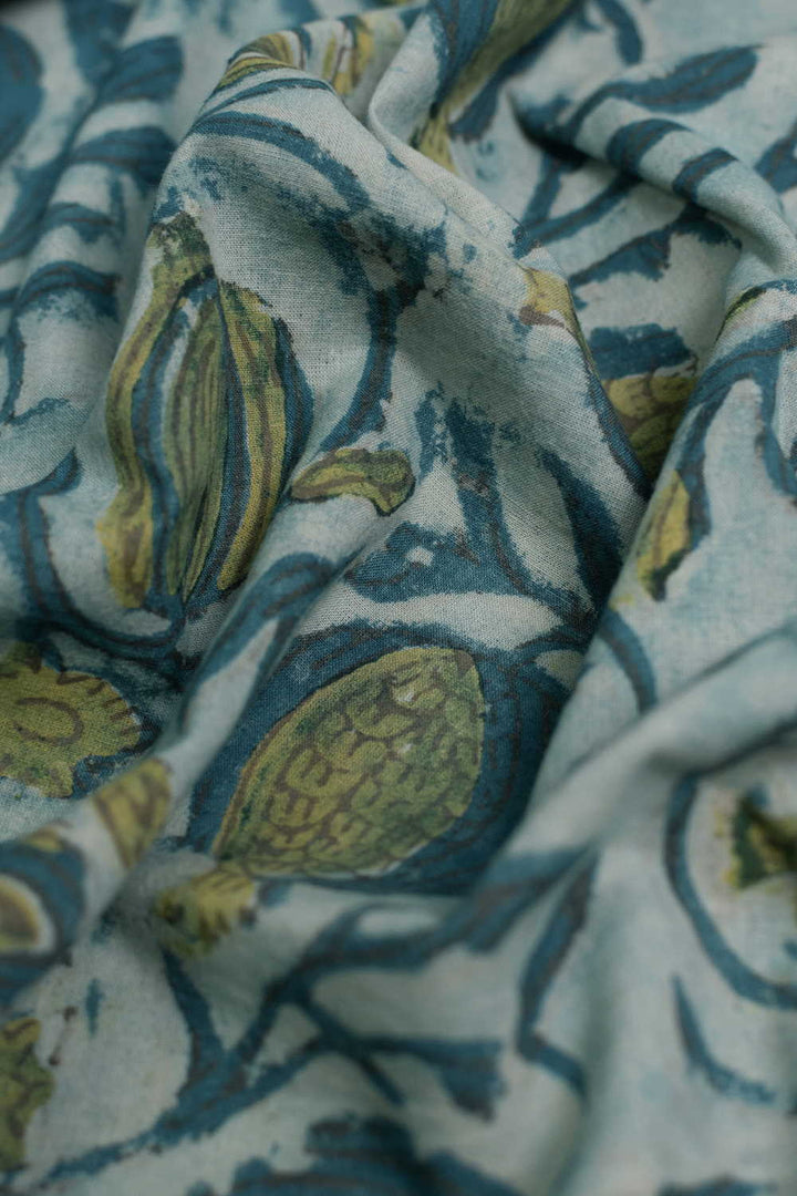 Light Blue with Floral Bagru Cotton Fabric