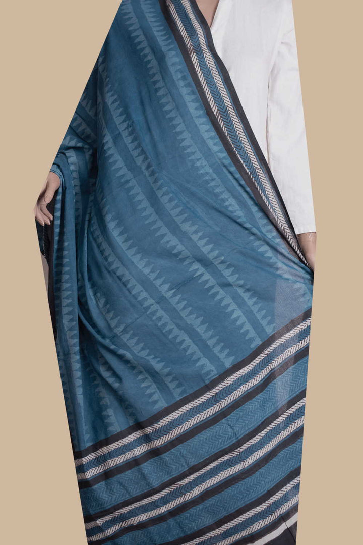 Indigo Block Printed Mul Cotton Dupatta