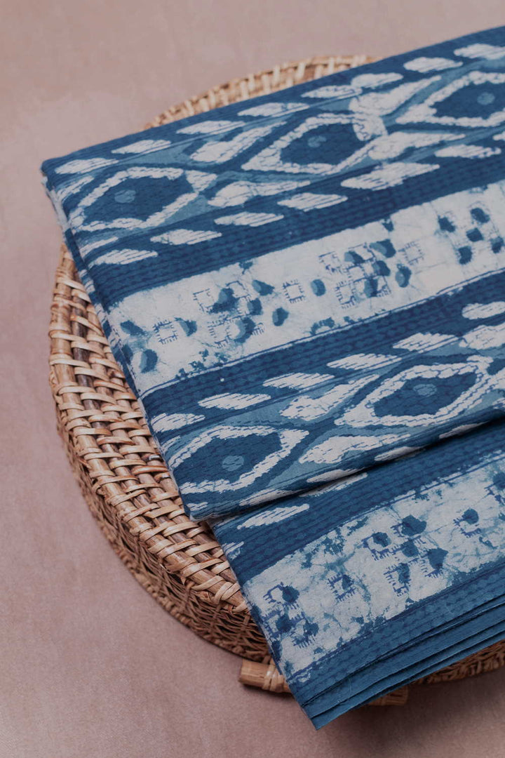 Cream with Indigo Dabu Cotton Fabric
