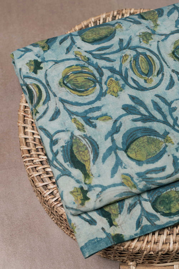 Light Blue with Floral Bagru Cotton Fabric