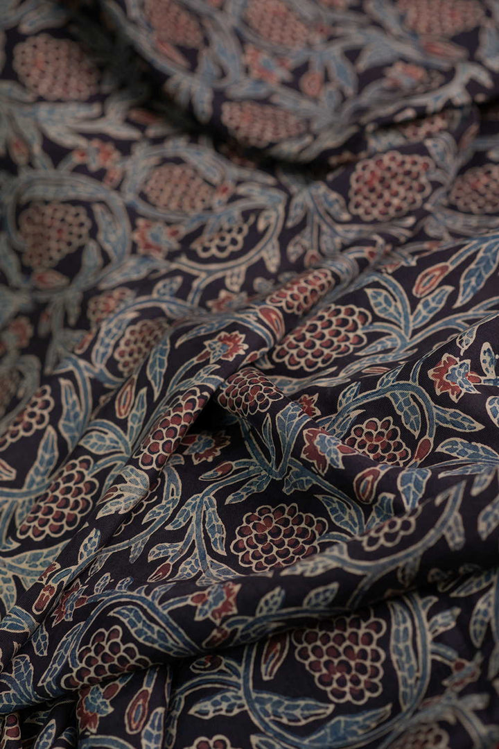 Floral on Black Ajrak Modal Silk Fabric