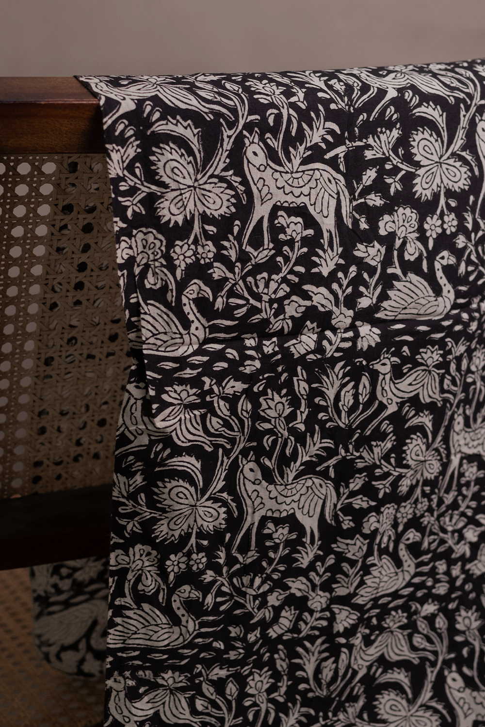 Black - Vintage Bird Garden Bagru Cotton Fabric - 0.9m