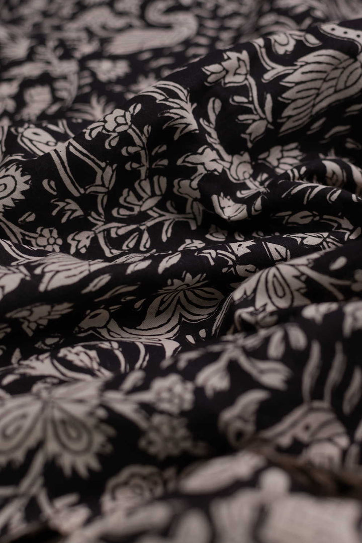 Black - Vintage Bird Garden Bagru Cotton Fabric - 0.9m
