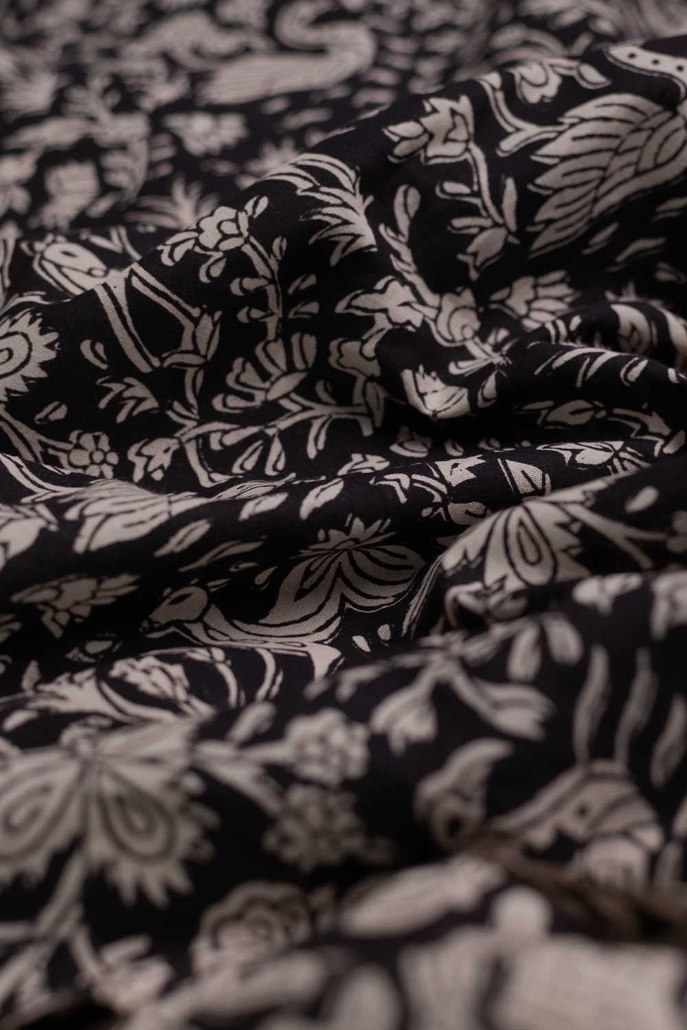 Black - Vintage Bird Garden Bagru Cotton Fabric