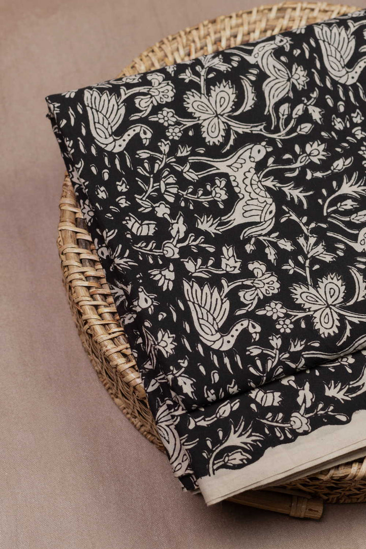 Black - Vintage Bird Garden Bagru Cotton Fabric - 0.9m